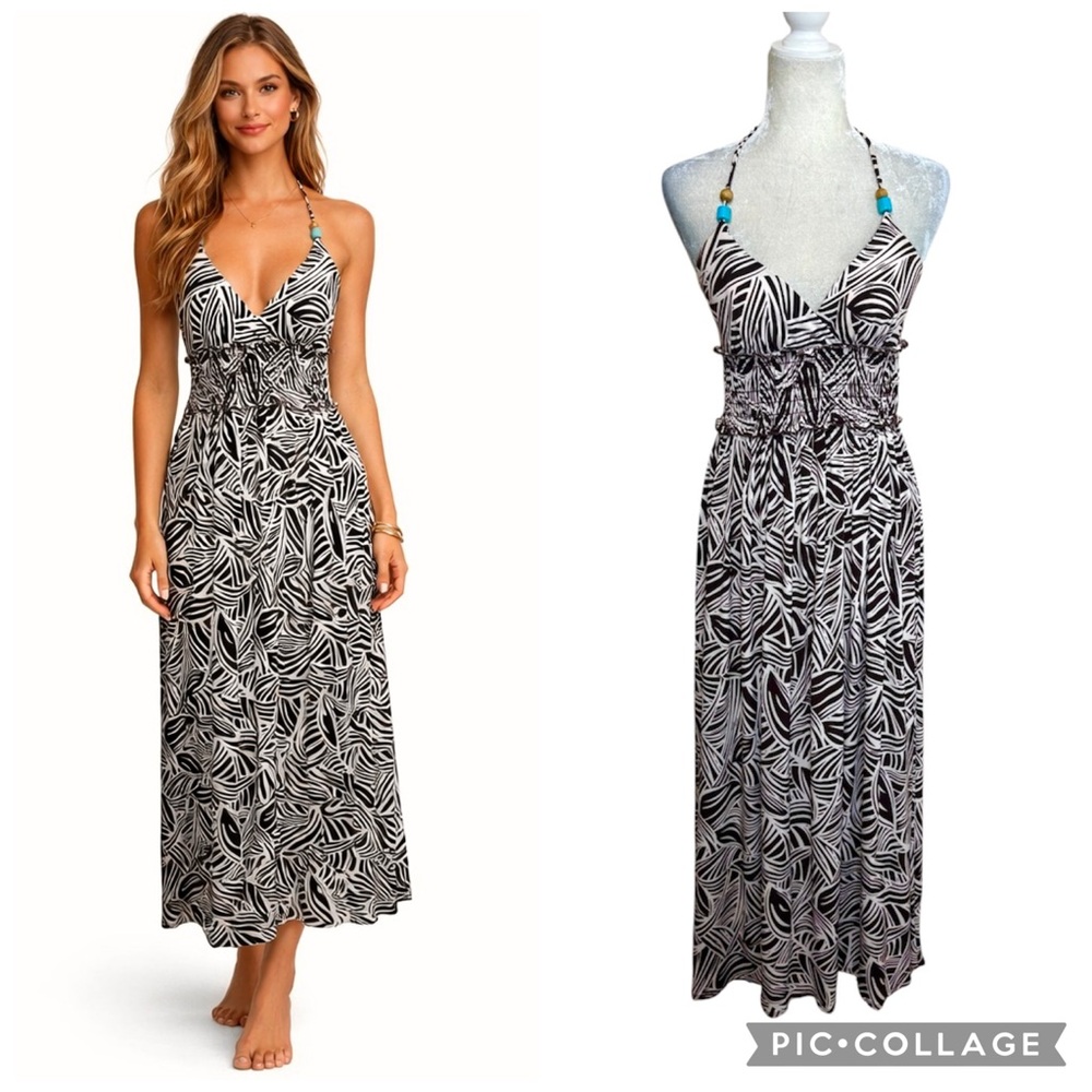 XOXO Brown Ivory Palm Print Halter Maxi Dress Beaded Strap Boho Resort Medium